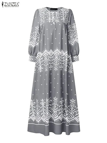 2026 ZANZEA Spring Floral Printed Dress Ramadan Muslim Abaya Dress Women O Neck Long Sleeve Sundress Islamic Robe Casual Kaftan