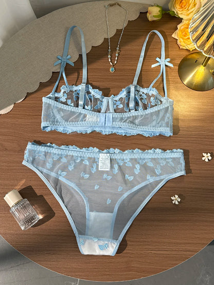 French Romantic Dreamy Light Blue Heart Embroidery Lace Underwear Set with Transparent Mesh Butterfly Knot Shoulder Strap Design