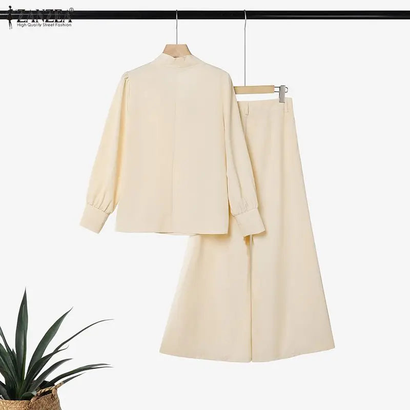 ZANZEA Women Elegant Chic Matching Pant Sets Tie Neck Long Sleeve Blouses & Wide Leg Pants 2pcs Suits Office Commute Wear Outfit