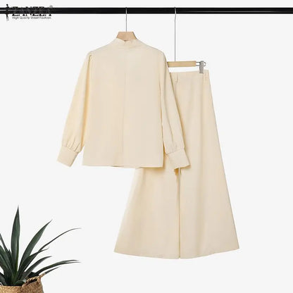 ZANZEA Women Elegant Chic Matching Pant Sets Tie Neck Long Sleeve Blouses & Wide Leg Pants 2pcs Suits Office Commute Wear Outfit