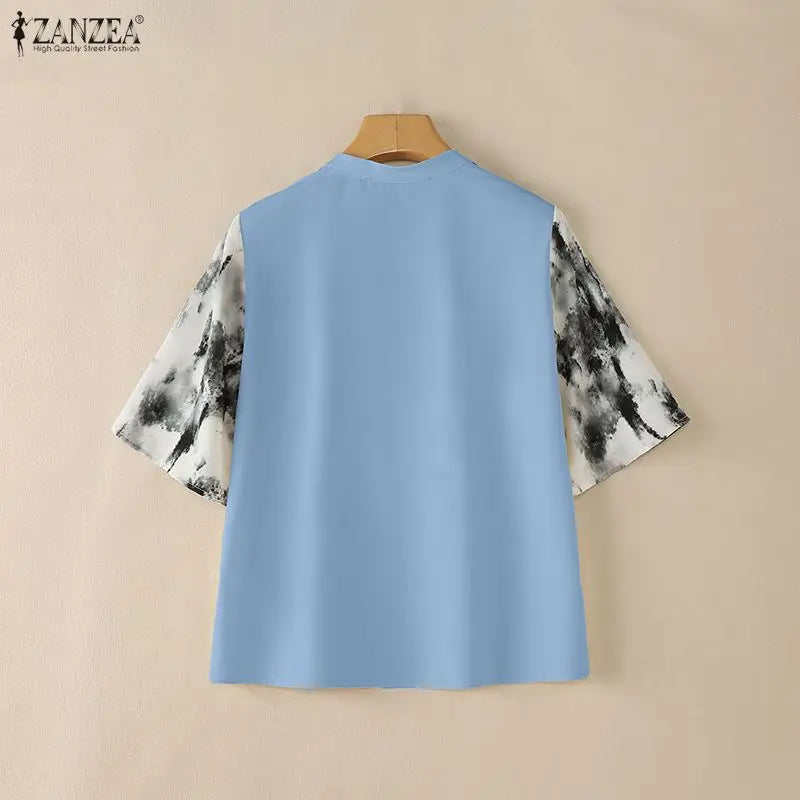 ZANZEA Elegant Blouses for Woman Patchwork Fashion Printed 3/4 Sleeve V-Neck Loose Tops Summer Daily Casual Blusas de Mujer
