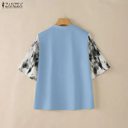 ZANZEA Elegant Blouses for Woman Patchwork Fashion Printed 3/4 Sleeve V-Neck Loose Tops Summer Daily Casual Blusas de Mujer