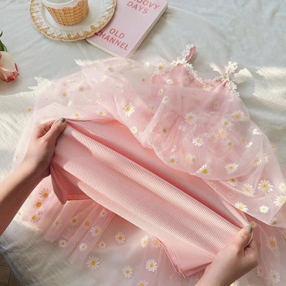 Humor Bear Summer New Children Suspenders Puff Princess Dress Little Daisy Flower Mesh Baby Girls Beach Dress