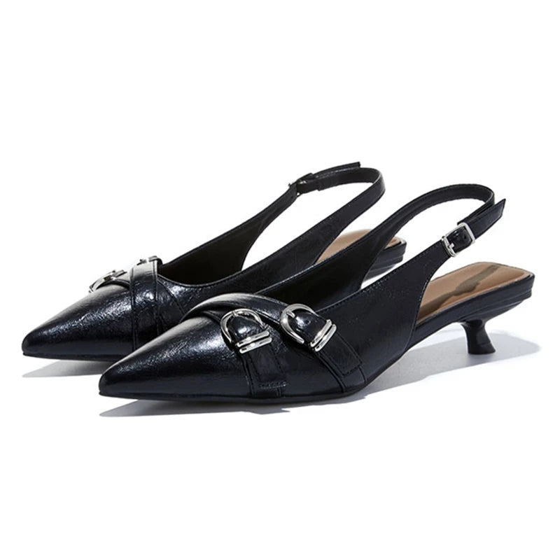 High Quality Leather Kitten-Heel Sandals Women Sexy Pointed-Toe Mules Heels for Ladies Summer Slingback Elegant Women Shoes