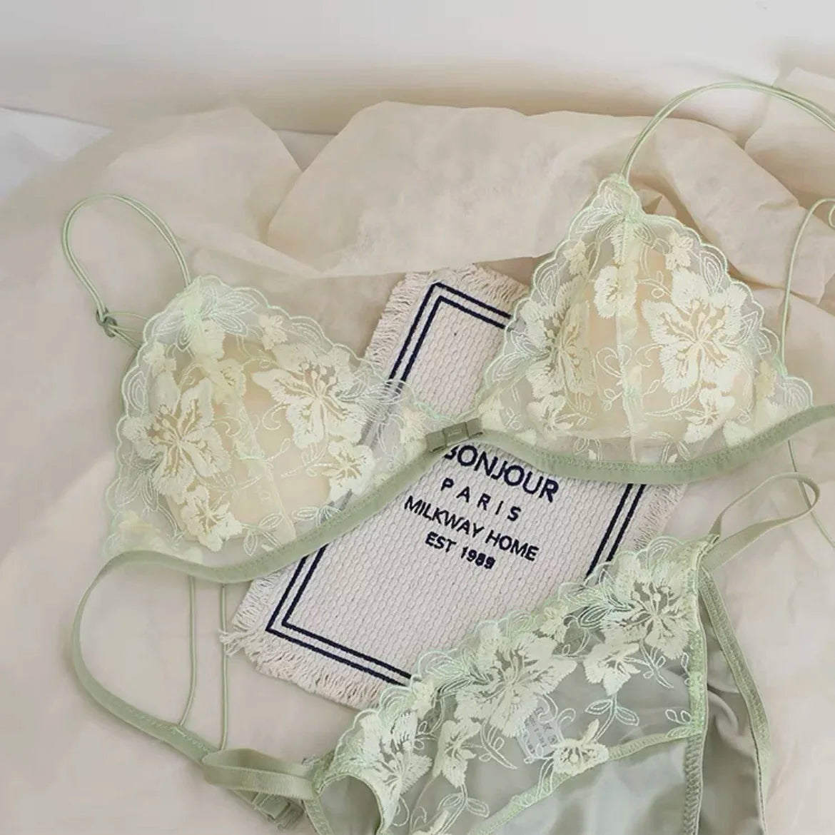 Elegant Hollow Out Lace Bra & Panty Set No Underwire Sheer French Triangle Cup Bralette Invisible Under T-shirt Women Underwear