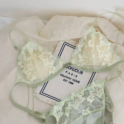 Elegant Hollow Out Lace Bra & Panty Set No Underwire Sheer French Triangle Cup Bralette Invisible Under T-shirt Women Underwear