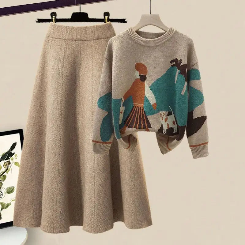 2024 Winter New Cartoon Printed Knitted Sweater Pullover Slim Fit Knitted Skirt Two Piece Elegant Women's Party Dress
