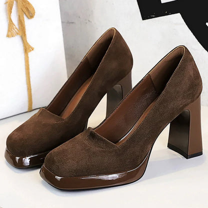 BIGTREE shoes 9 cm Chunky Block Heels Women Pumps Retro High Heels Square Headed Platform High Heels Suede Ladies Shoes 3 Colour