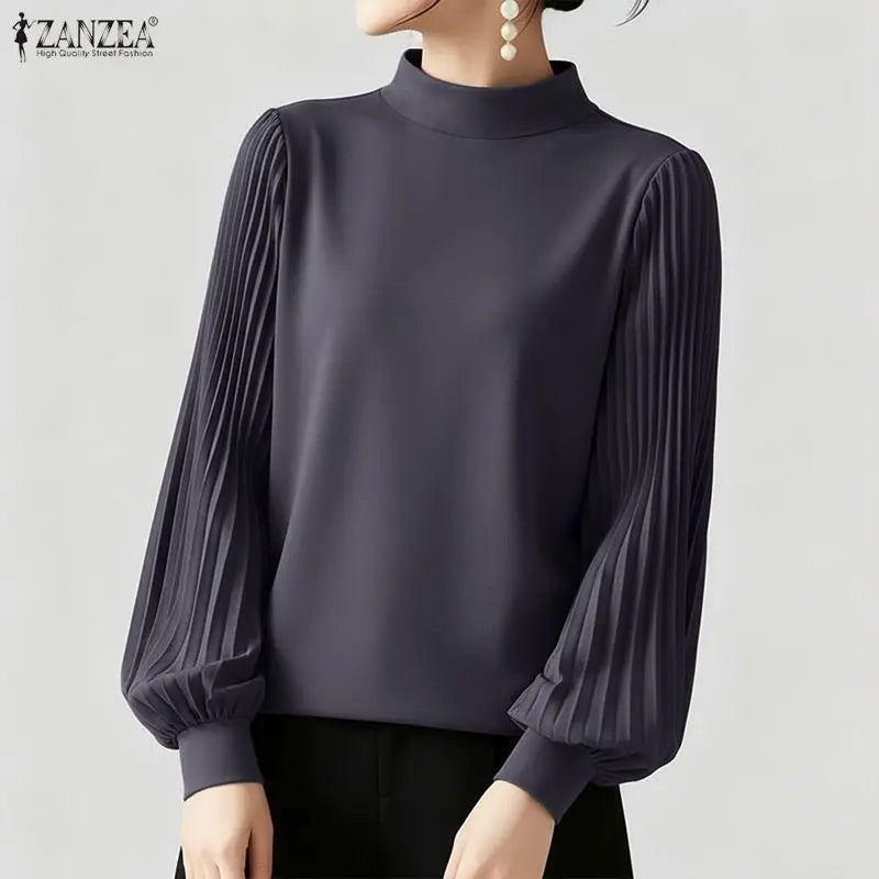 ZANZEA Women's Elegant Chic Blouses Mock Neck Pleated Long Puff Sleeves Solid Color Tops 2026 Minimalist Casual Woman Clothes
