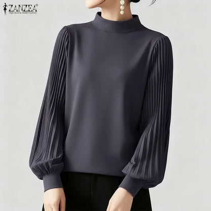 ZANZEA Women's Elegant Chic Blouses Mock Neck Pleated Long Puff Sleeves Solid Color Tops 2026 Minimalist Casual Woman Clothes
