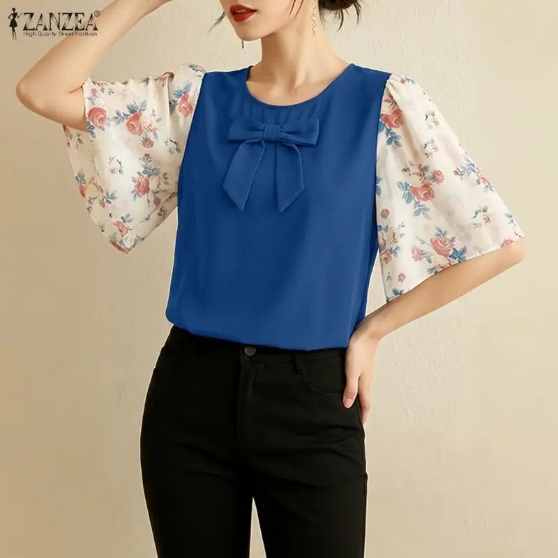 ZANZEA Women's Bow Detail Blouses Elegant O-Neck Floral Printed Chiffon Patchwork Sleeves Tops Summer Daily Wear Blusas de Mujer