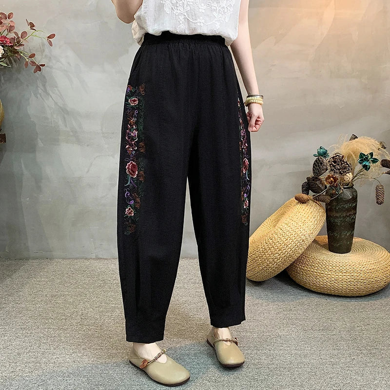 Fashionable Cotton And Linen Lantern Pants For Women's Daily Wear, Plus Size Casual Loose Elastic Waist Pants, High-quality