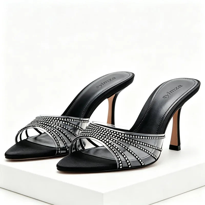 Sexy Pointed Peep Toe Heeled Sandals Women Luxury Rhinestone Detail Stiletto Heel Slippers for Ladies Summer Elegant High Heels