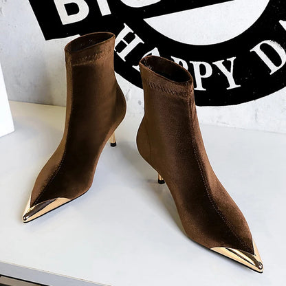 BIGTREE Shoes Metal Pointed Tip Women Boots Stilettos Heels 5 CM 8 CM Fashionable High-Heeled Boots Suede Ladies Ankle Boots