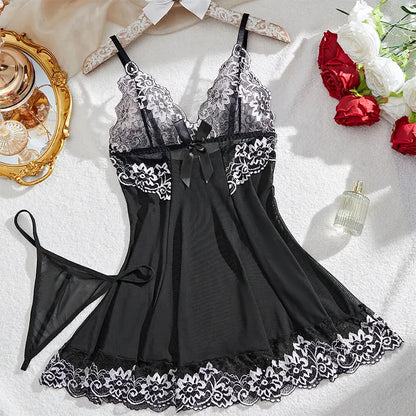 2 Piece Transparent Set Lace Bra Slim Nightgown Set With Thong Erotic Lingerie Pajamas Plus Size Porno Night Dress Sexy Babydoll