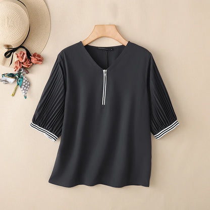 ZANZEA Women Contrast-Trum Blouse Korean Fashion V-Neck Half Zipper Pleatd 3/4 Lantern Sleeve Tops Summer Casual Blusa de Mujer