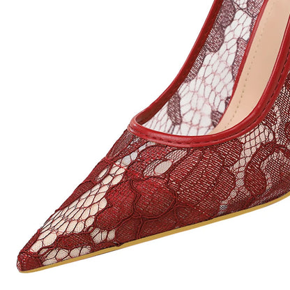BIGTREE Shoes Wine Red Lace Women Pumps Mesh Hollow High Heels Sexy Party Shoes Stilettos Pointed Toe Female Pumps Tacones