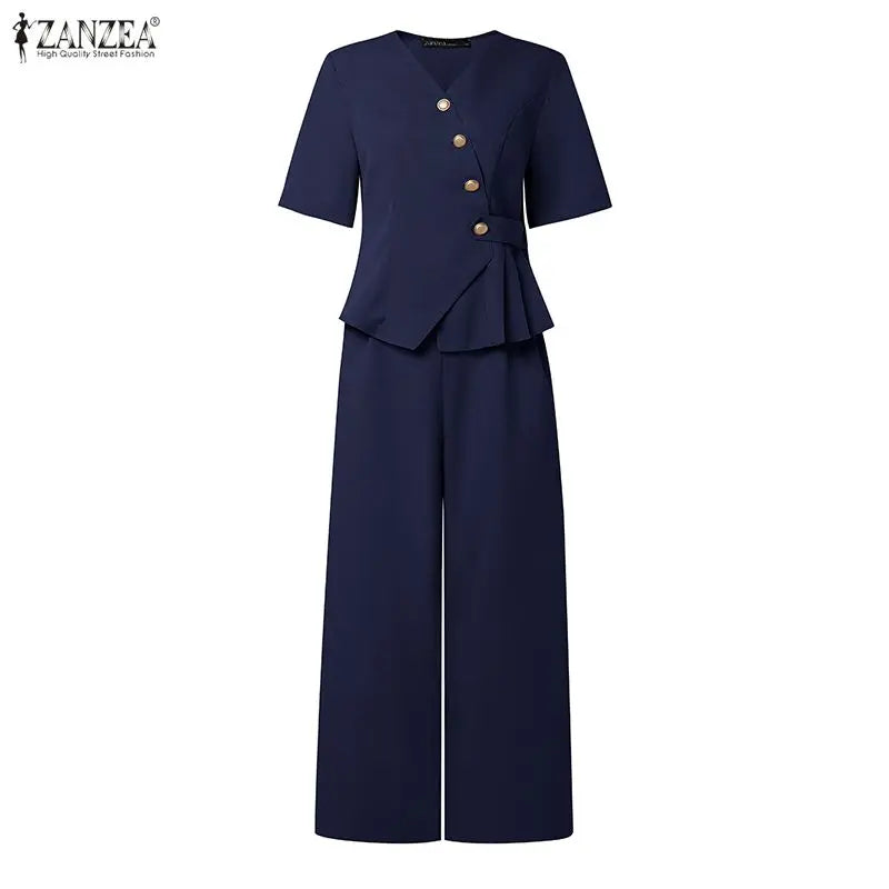 ZANZEA Summer 2 Pieces Sets Elegant V Neck Short Sleeve Blouse Pant Sets 2026 Stylish Women OL Work Outfit Solid Color Tracksuit