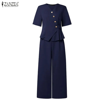 ZANZEA Summer 2 Pieces Sets Elegant V Neck Short Sleeve Blouse Pant Sets 2026 Stylish Women OL Work Outfit Solid Color Tracksuit