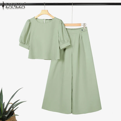 2026 ZANZEA Elegant Women Short Puff Sleeve Cropped Blouse Wide Leg Pant Sets Fashion Summer 2 Piece Sets Solid OL Work Outfits