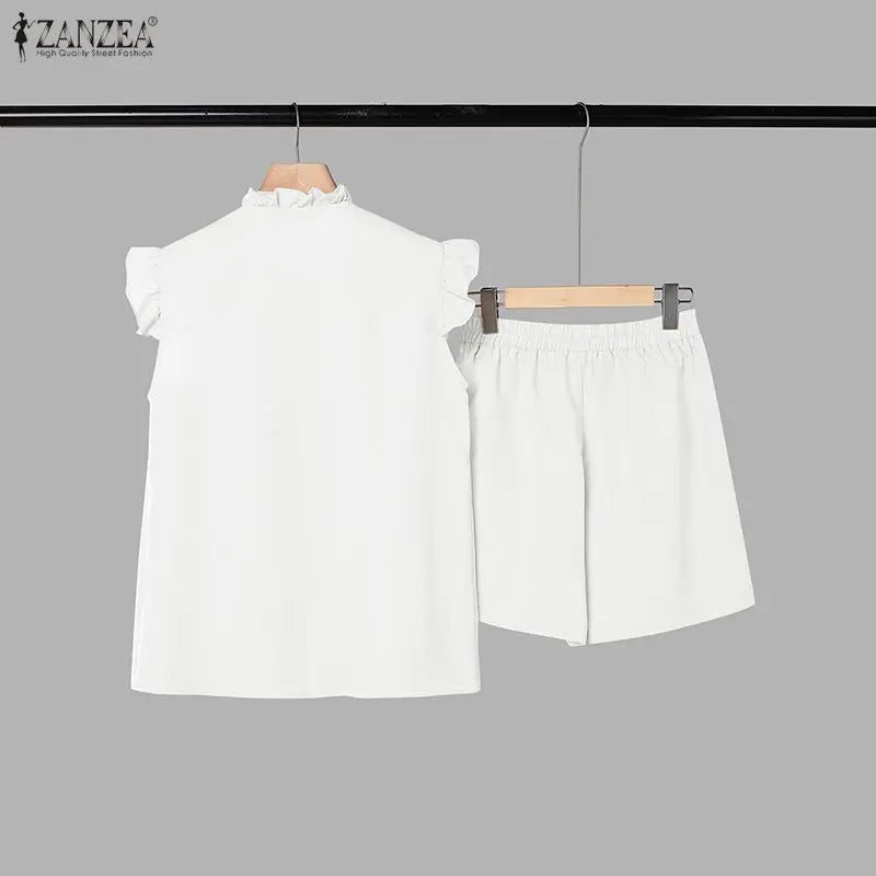 ZANZEA Women 2 Pieces Matching Short Sets Summer Ruffled Trim O-Neck Flying Sleeves Pintuck Tops & Elastic Waist Shorts Suits