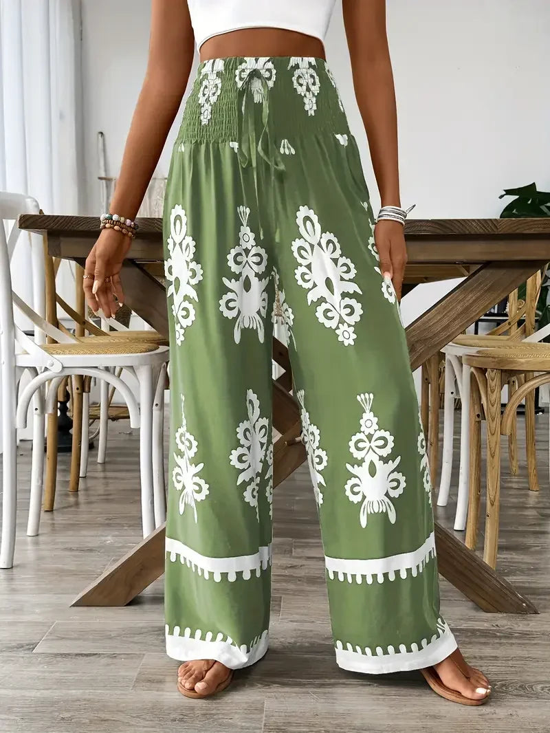 Women Fashion Plus Size 1XL-5XL Floral Print Wide Leg Pants Female Casual  Elegant Drawstring High Waisted Loose Long Trousers
