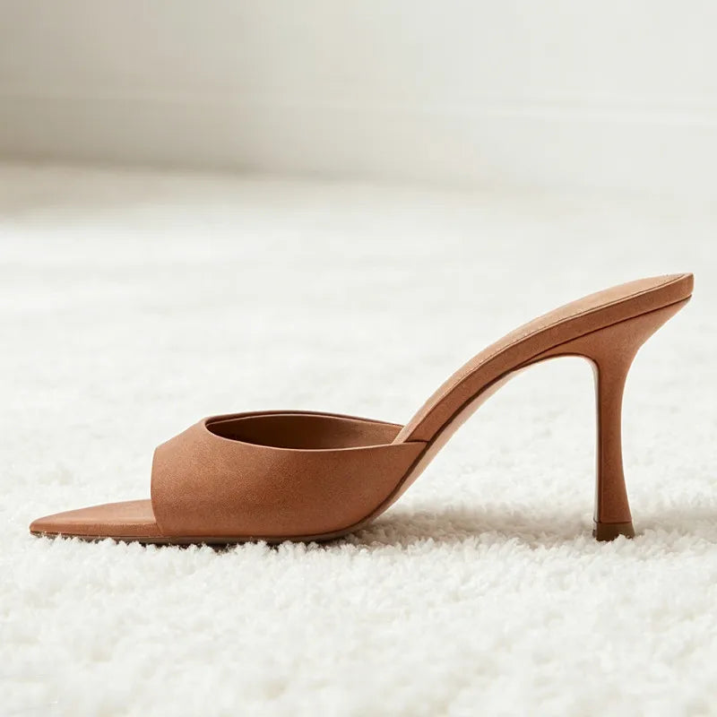 Sexy Pointed Toe Women's Slippers Summer Peep Toe Heeled Sandals for Ladies Elegant Women Shoes Luxury Designer Brown Sandals