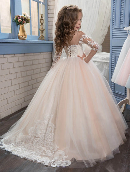 Lace Embroidery Transparent Long Sleeved Children's Flower Girl Wedding Party Graduation Ceremony Princess Floor Mopping Dress