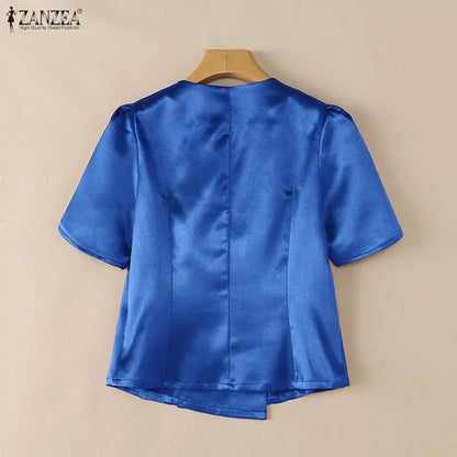 ZANZEA Woman Elegant Satin Shirts Summer Lapel Collar Asymmetric Placket Short Petal Sleeve Tops Vintage Party Chemises Femme