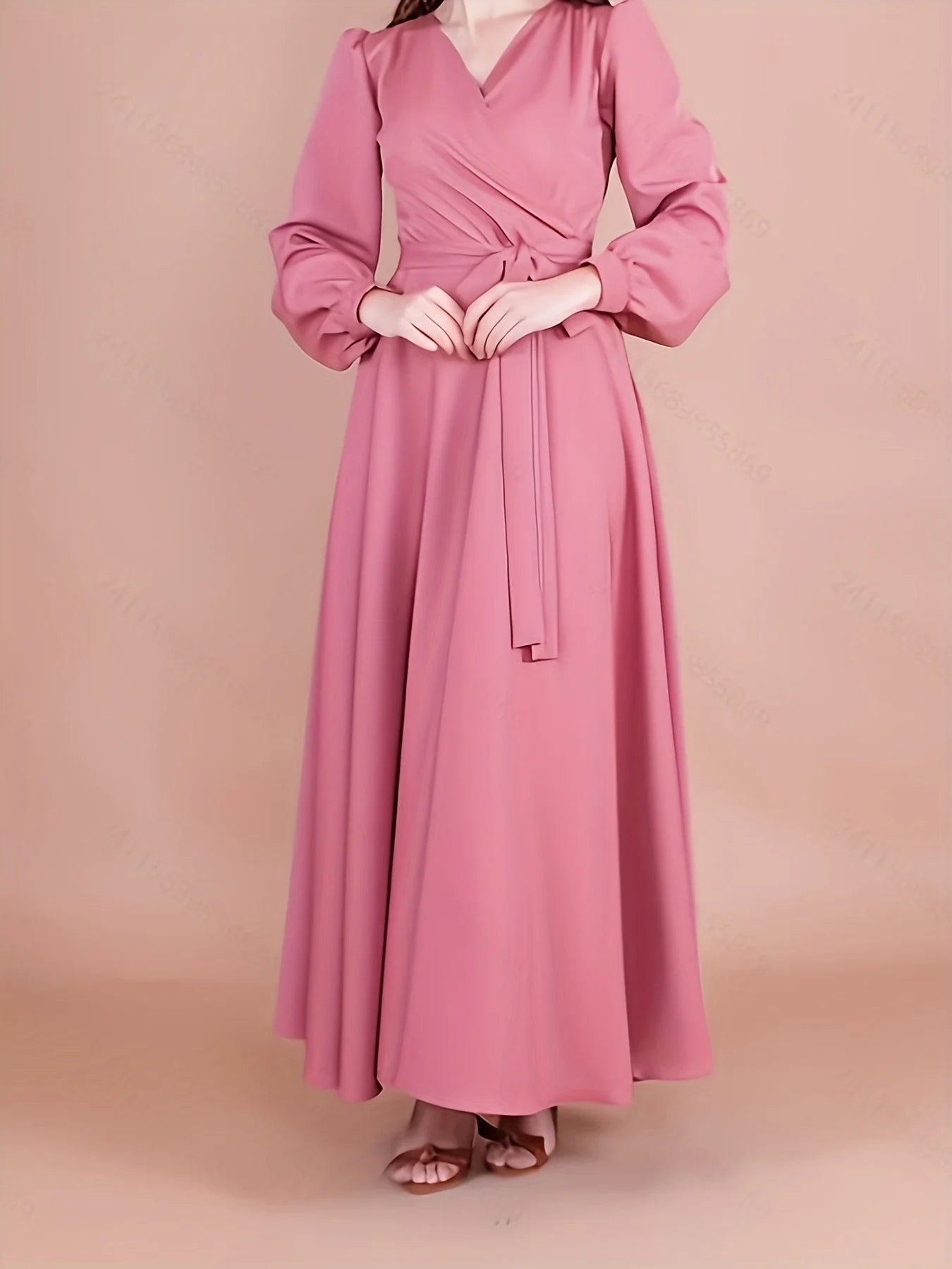 Elegant Loose Rose Red V-Neck Long Sleeve Dress for Women with Waistband Slimming Long Skirt Design