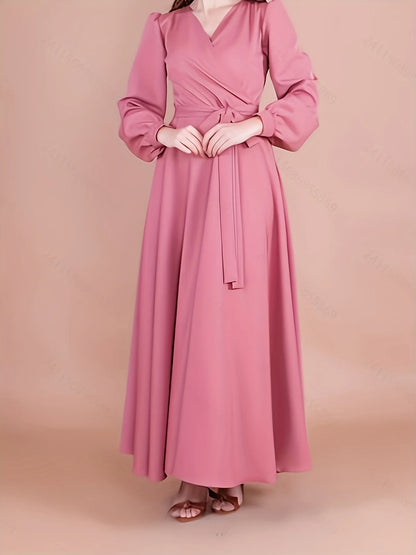 Elegant Loose Rose Red V-Neck Long Sleeve Dress for Women with Waistband Slimming Long Skirt Design
