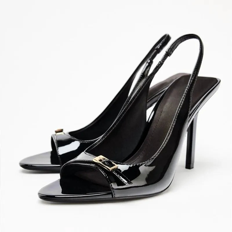 Metal Buckle Belt Peep Toe Heeled Sandals Women Sexy Patent Leather Back Strap Thin High Heels Elegant Dress Gladiator Sandalias
