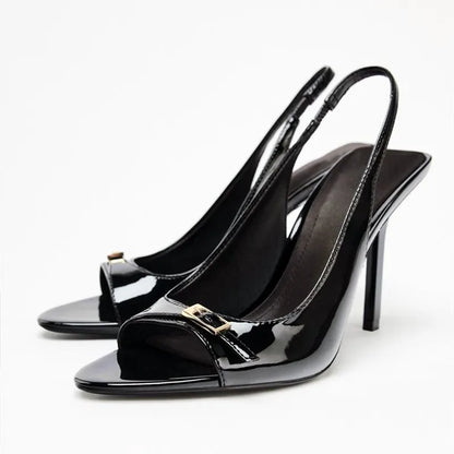 Metal Buckle Belt Peep Toe Heeled Sandals Women Sexy Patent Leather Back Strap Thin High Heels Elegant Dress Gladiator Sandalias