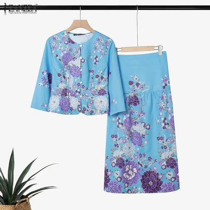 ZANZEA Women Elegant Floral Print 2 Piece Skirt Sets 3/4 Sleeve Short Top & A-Line Maxi Skirts Suits Autumn Matching Sets Outfit