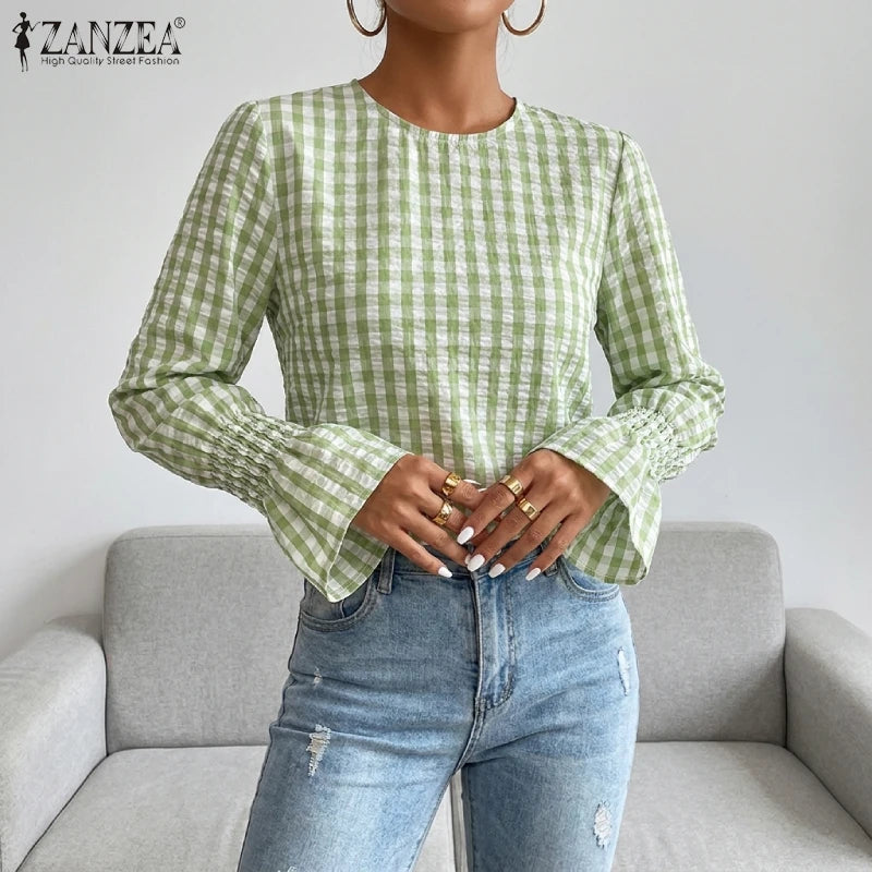 ZANZEA Women's Stylish Gingham Blouses Casual O-Neck Long Sleeve Shirred Cuffs Loose Tops Everyday Wear Going-Out Blusas Mujer 7