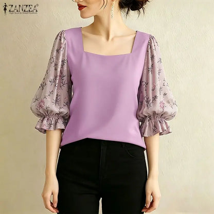 ZANZEA Women Elegant Floral Printed 3/4 Puff Sleeve Blouses Square Neck Patchwork Pullover Tops Summer Casual Blusas de Mujer