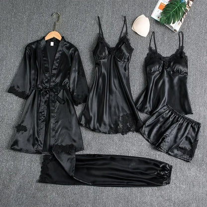 5-piece Set of Women's Sleepwear Sexy Silk Nightgown Lace Satin Nightgown V-neck Vest Breathable Comfortable Women's Nightgown