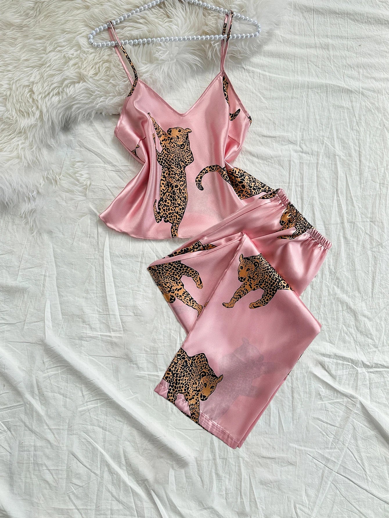 Comfortable Fashionable 2pcs V Neck Leopard Print Suspender Long Pants Pajama Set