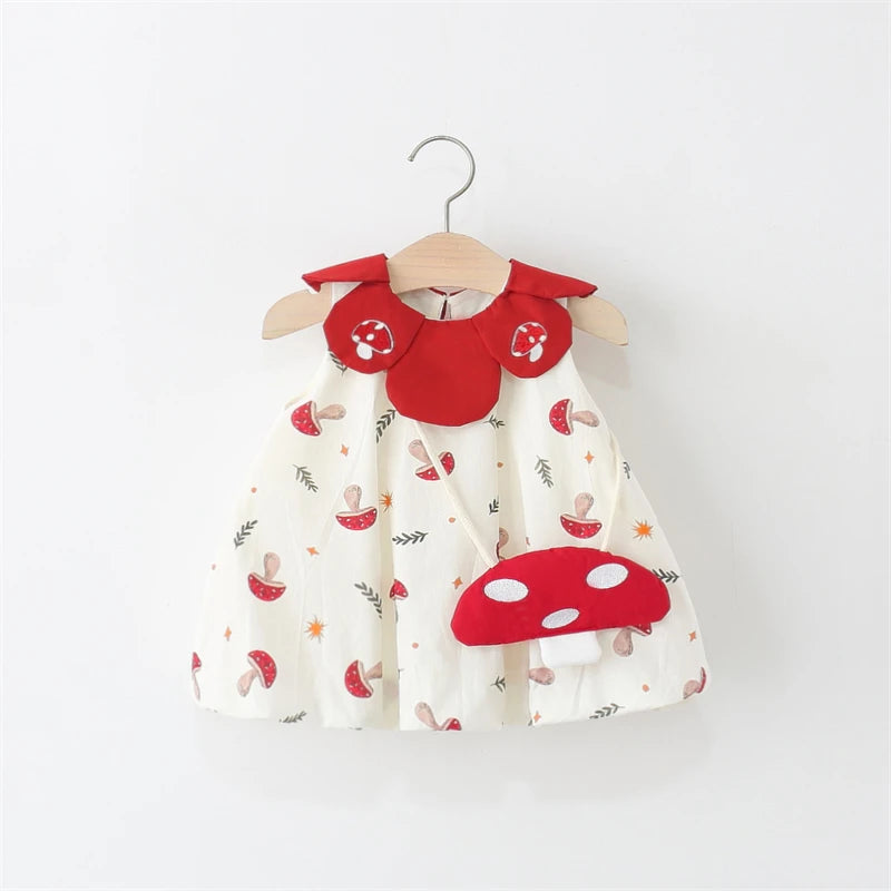 2Pcs/set Summer Sleeveless Children Clothes Lovely Red Mushroom Girl Kid Dresses Baby Newborn Petal Collar Kid Toddler Costume