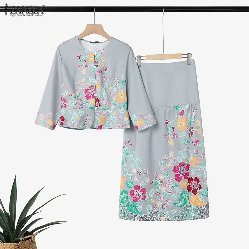 ZANZEA Women Elegant Floral Print 2 Piece Skirt Sets 3/4 Sleeve Short Top & A-Line Maxi Skirts Suits Autumn Matching Sets Outfit