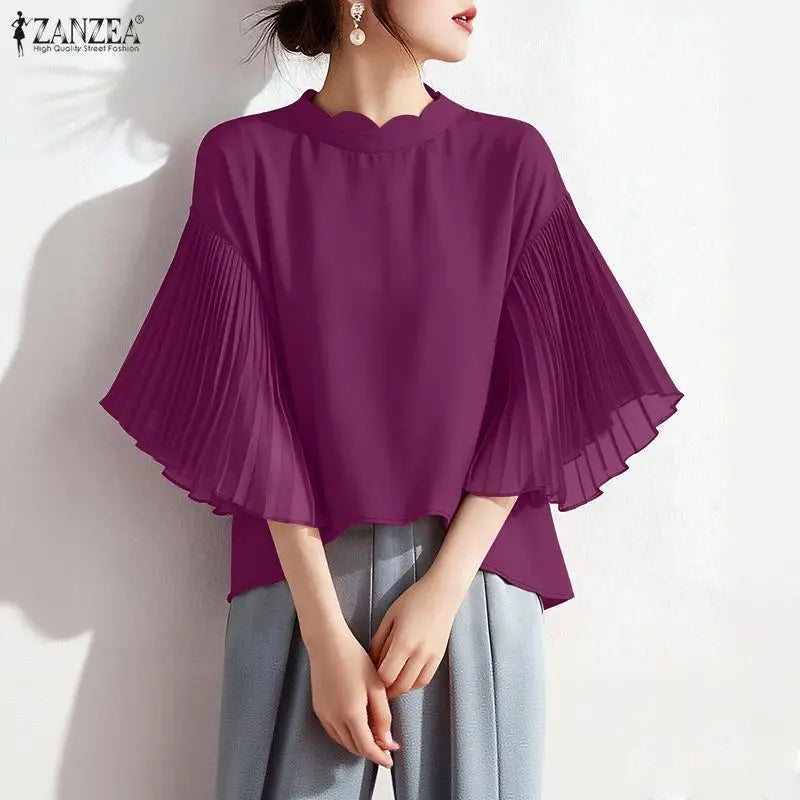 ZANZEA Elegant Women's High-Low Blouses Scalloped Mock Neck Pleated Flare Sleeves Solid Color Tops 2026 Summer Woman Clothes 3XL