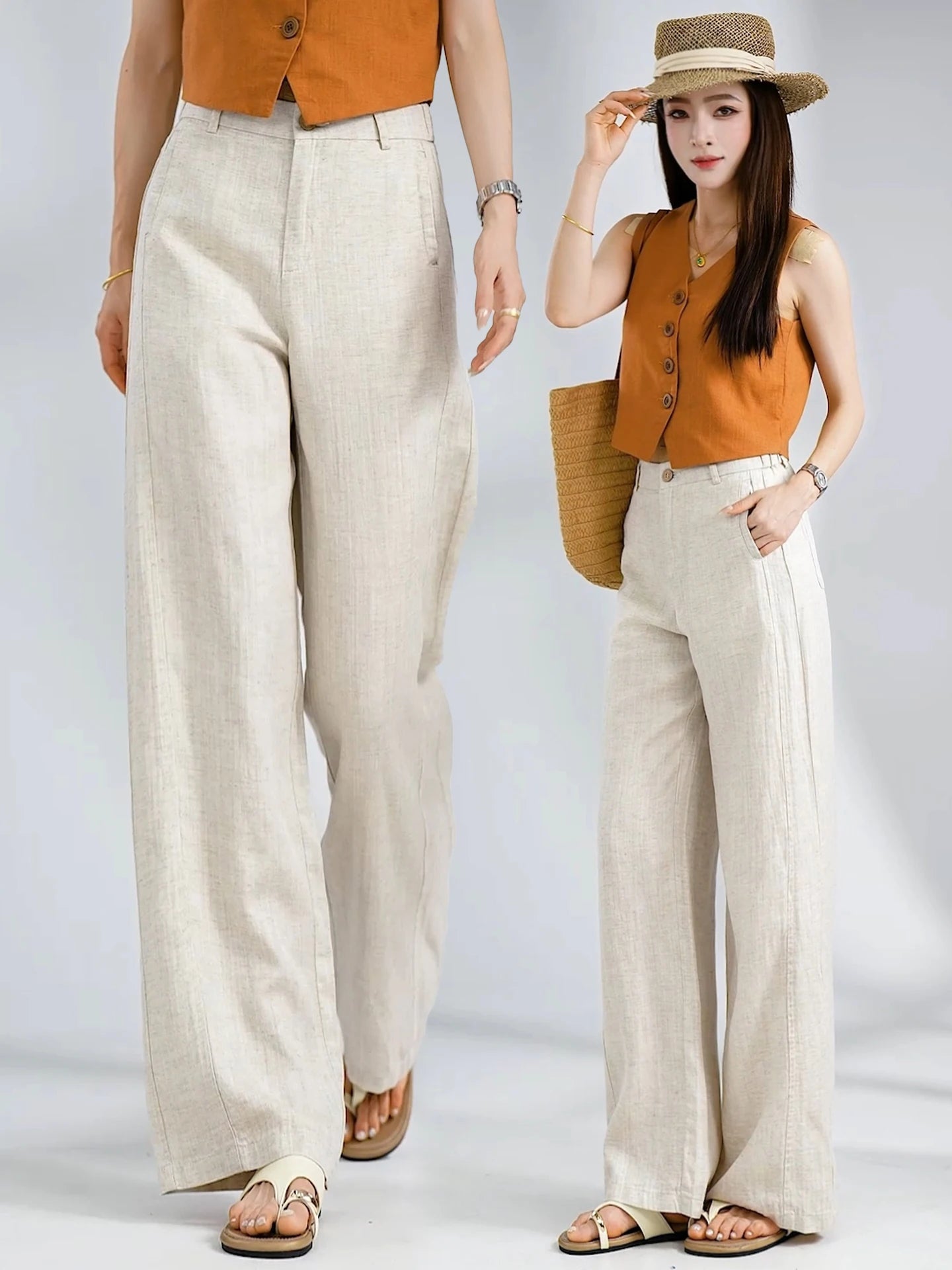 Summer Thin Linen Wide Leg Pants Women Casual Loose Drape Straight Leg  Pants High Waist Comfortable Breathable Cool