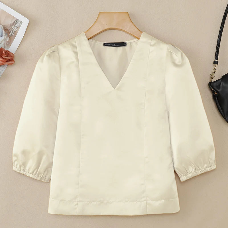 ZANZEA Women's Elegant Satin Short Blouses Summer 3/4 Lantern Sleeves V-Neck Tops Sophisticated Solid Color Blusas de Mujer