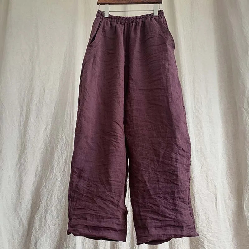 High Quality New Spring Summer Arts Style Women Elastic Waist Loose Ankle-length Pants Solid 100% Linen Casual Harem Pants T425