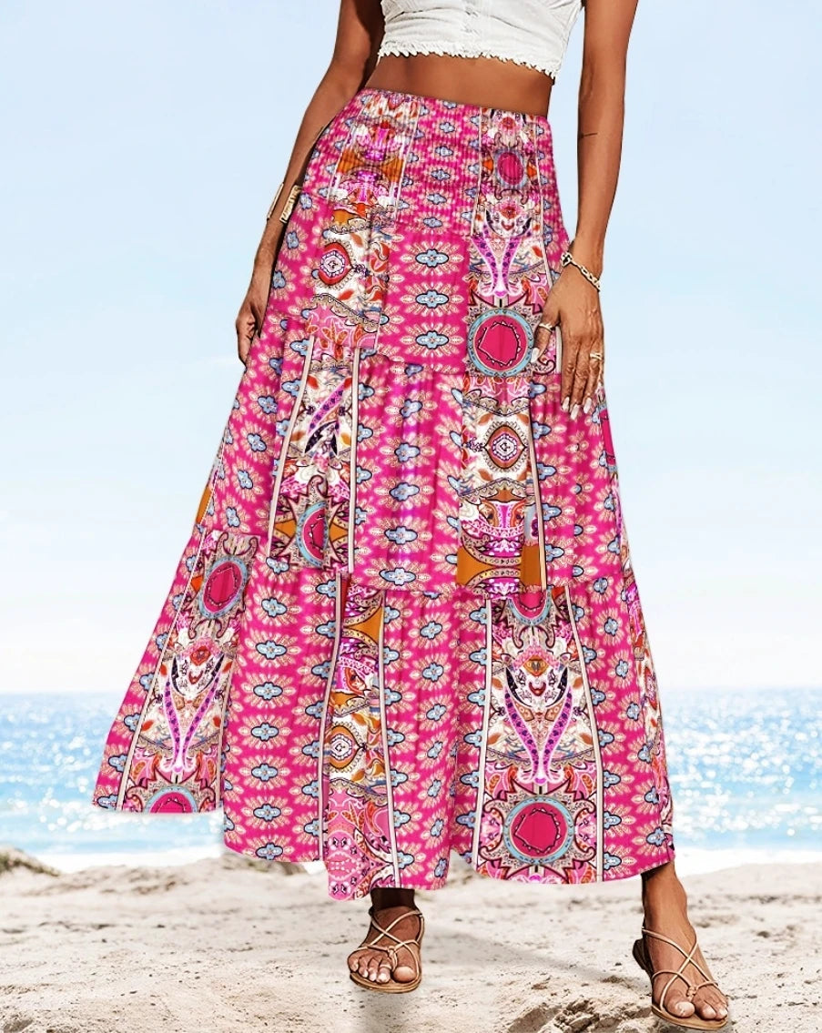 Womens Boho Floral Print Tiered Maxi Skirt High Waist Smocked Beach Long Skirt for Summer