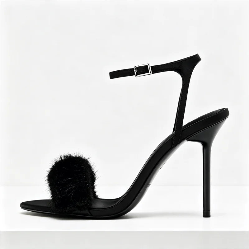 Sexy Open Toe Faux Fur High Heel Sandals Women Elegant Ankle Strap Buckle Stiletto Heels for Ladies Fashion Party Wedding Shoes