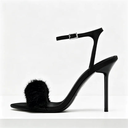 Sexy Open Toe Faux Fur High Heel Sandals Women Elegant Ankle Strap Buckle Stiletto Heels for Ladies Fashion Party Wedding Shoes