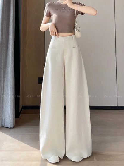 Summer 2026 New Style Women's Linen Wide Leg Suit Pants Thin Ice Silk Sun Protection High Waist Casual Straight Floor