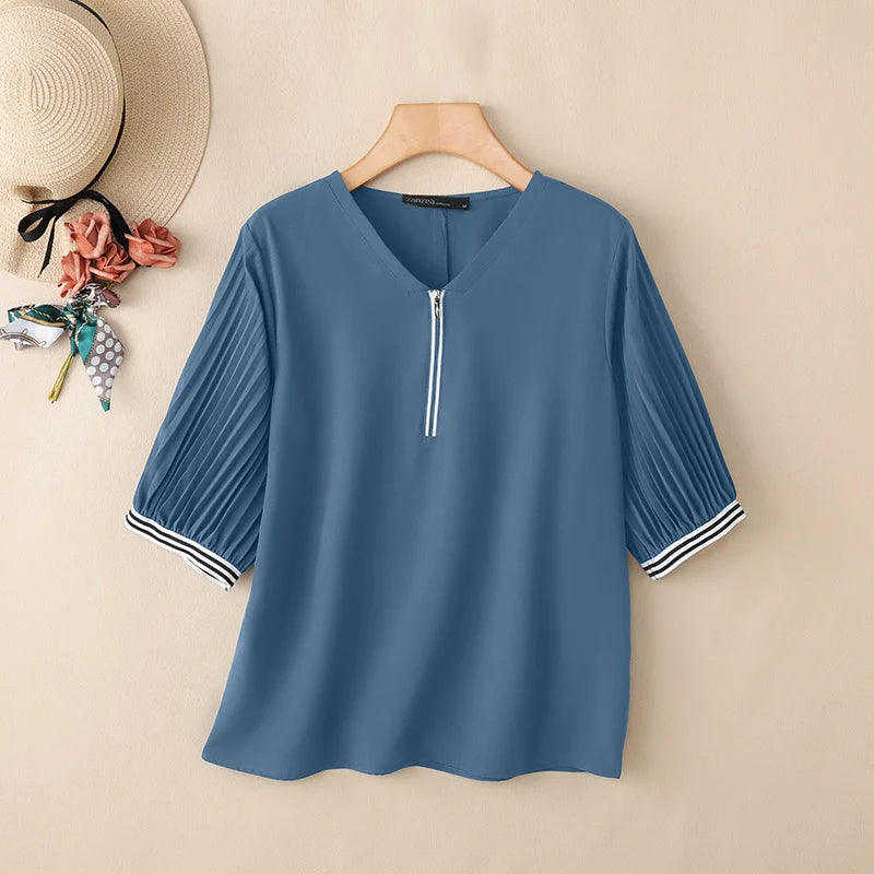 ZANZEA Women Contrast-Trum Blouse Korean Fashion V-Neck Half Zipper Pleatd 3/4 Lantern Sleeve Tops Summer Casual Blusa de Mujer