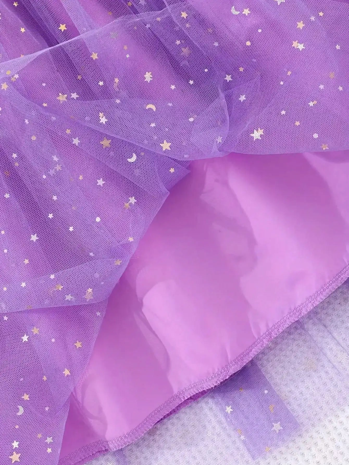 Enchanting Girl Summer Dress - Purple Lotus Leaf Cuff, Mermaid Scale Print and sequin Decoration, Polyester Mesh Skirt